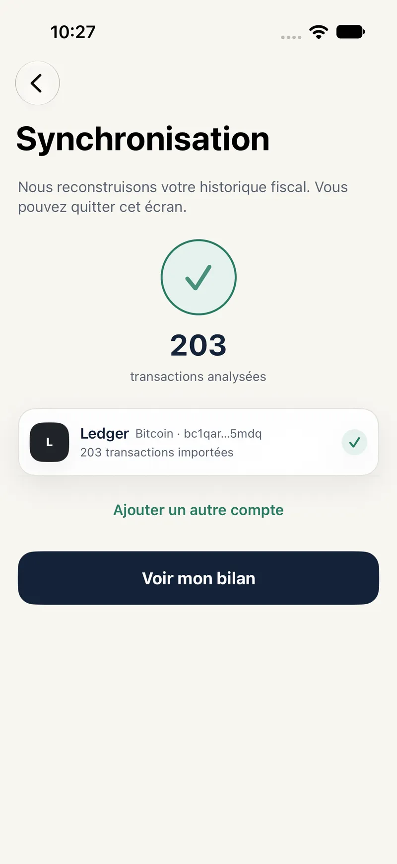 Écran « Synchronisation » : 203 transactions analysées depuis un wallet Ledger Bitcoin.