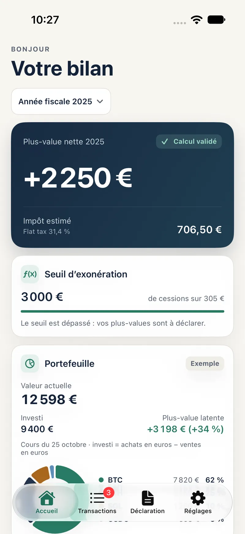 Écran d’accueil de Kova : plus-value nette 2025 de 2 250 €, impôt estimé de 706,50 €, seuil d’exonération de 305 € dépassé et répartition du portefeuille (données d’exemple).