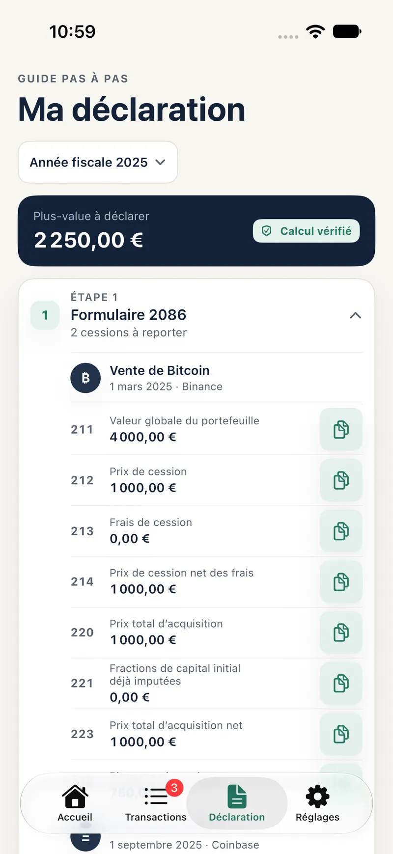 Écran « Ma déclaration » : plus-value à déclarer de 2 250 € et les quatre étapes, du formulaire 2086 à l’export du dossier PDF.