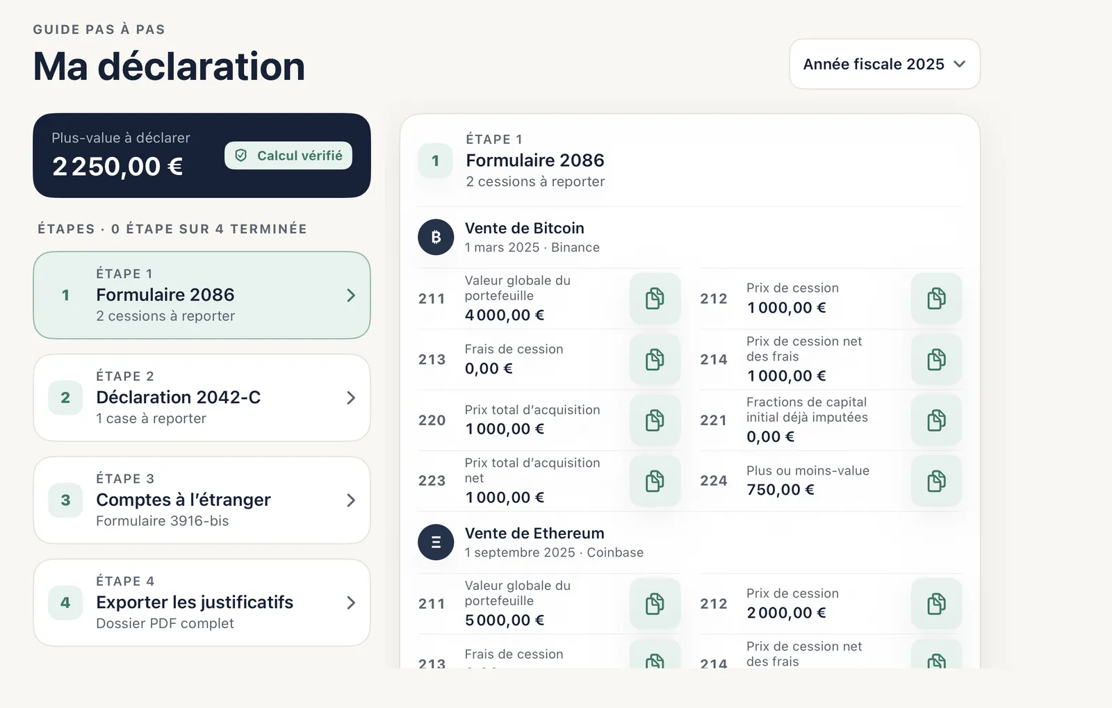 Guide « Ma déclaration » : étape 1 du formulaire 2086 avec, pour une vente de Bitcoin puis d’Ethereum, les montants des cases 211 à 224 et un bouton de copie à côté de chacun (données d’exemple).